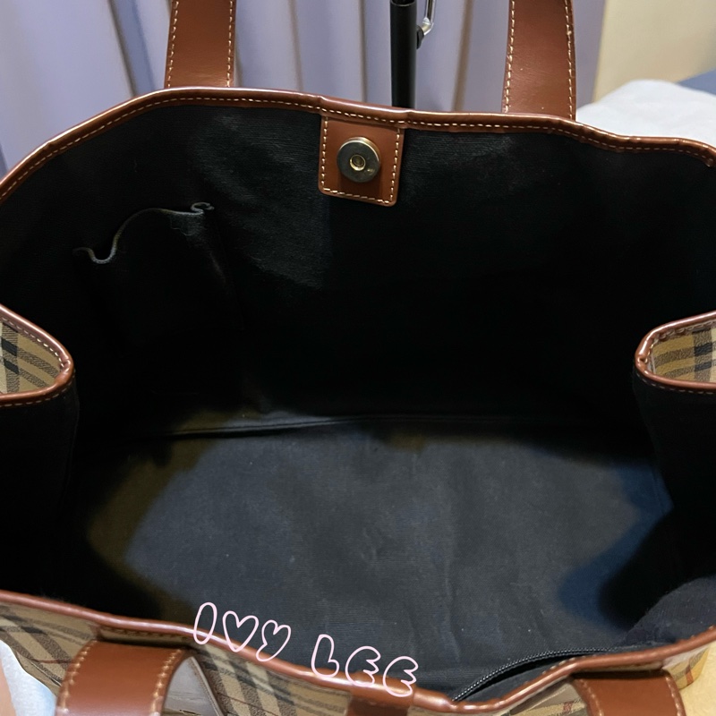 Burberry Haymarket 經典格紋馬圖 托特包 咖啡邊 大容量手提包 二手精品-4