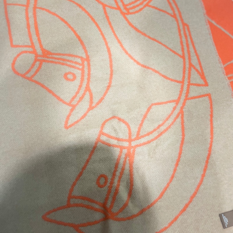 Hermes 愛馬仕 Casaque Entrelacs Equestres muffler 大馬印流蘇羊毛圍巾(米/橘)-3