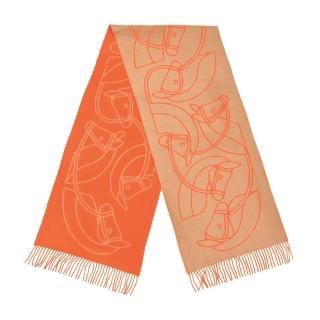 Hermes 愛馬仕 Casaque Entrelacs Equestres muffler 大馬印流蘇羊毛圍巾(米/橘)-7
