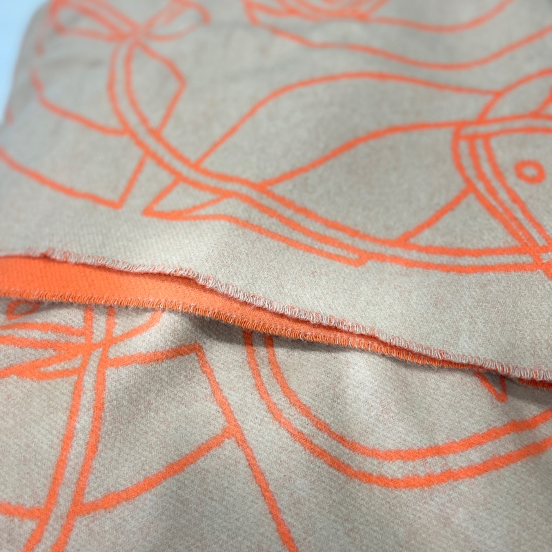 Hermes 愛馬仕 Casaque Entrelacs Equestres muffler 大馬印流蘇羊毛圍巾(米/橘)-10