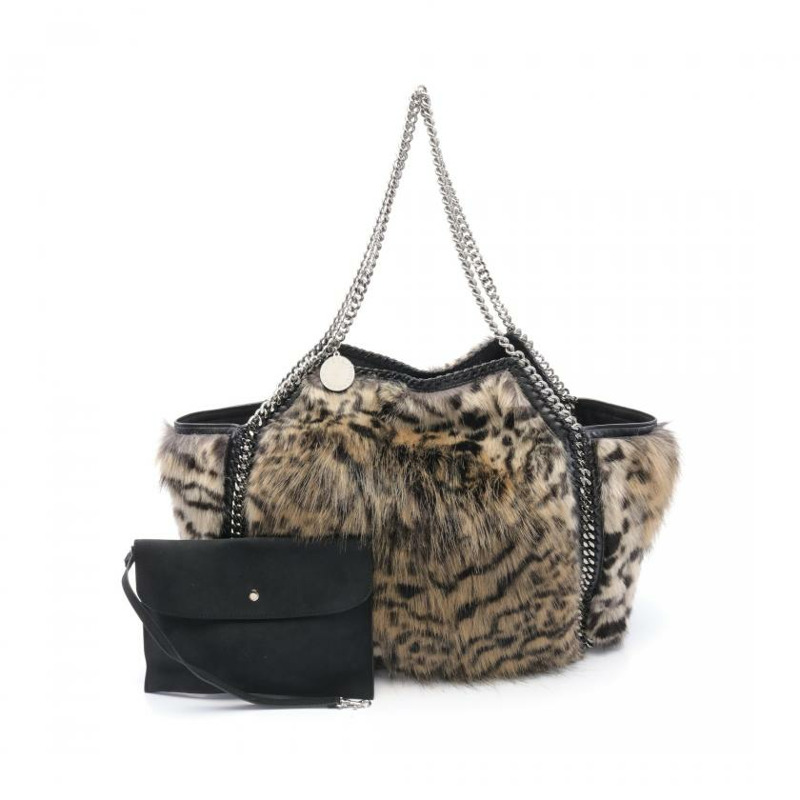 【日本直送】 Stella McCartney Stella McCartney Falabella 鏈條手提包托特包 豹紋 人造毛絨 人造皮 人造絨面革 黑色 米色 正反兩用-0