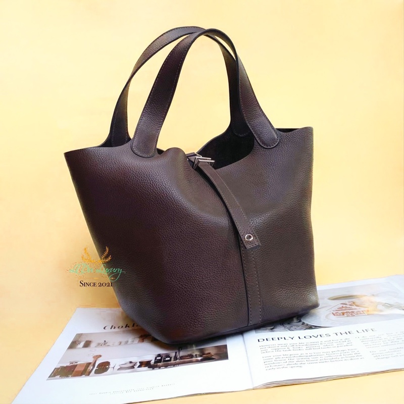 HERMES 烏木色銀釦菜籃子P22-1