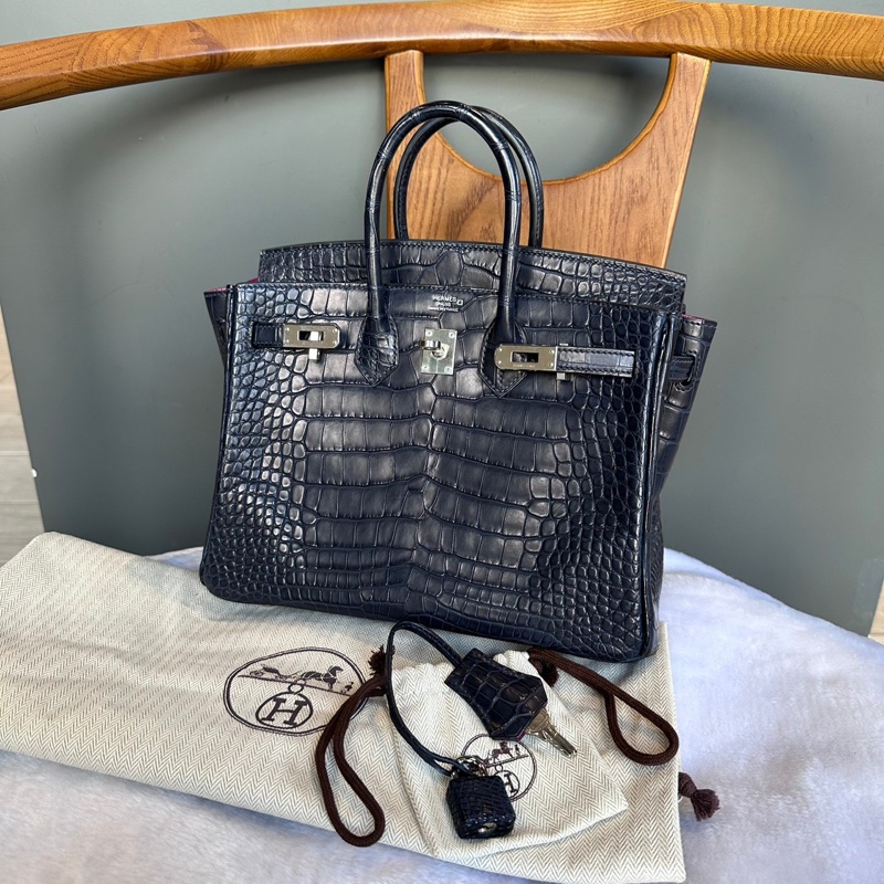 Hermes Birkin 25cm 銀釦鱷魚皮內拼色手提包(深藍色/天方夜譚紫)-0