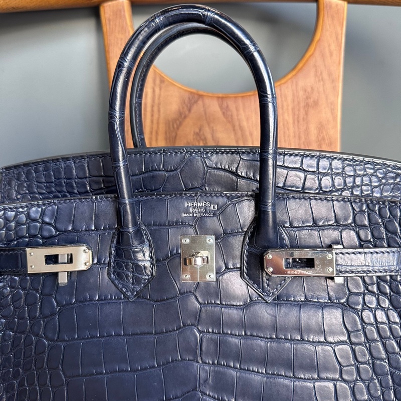 Hermes Birkin 25cm 銀釦鱷魚皮內拼色手提包(深藍色/天方夜譚紫)-2