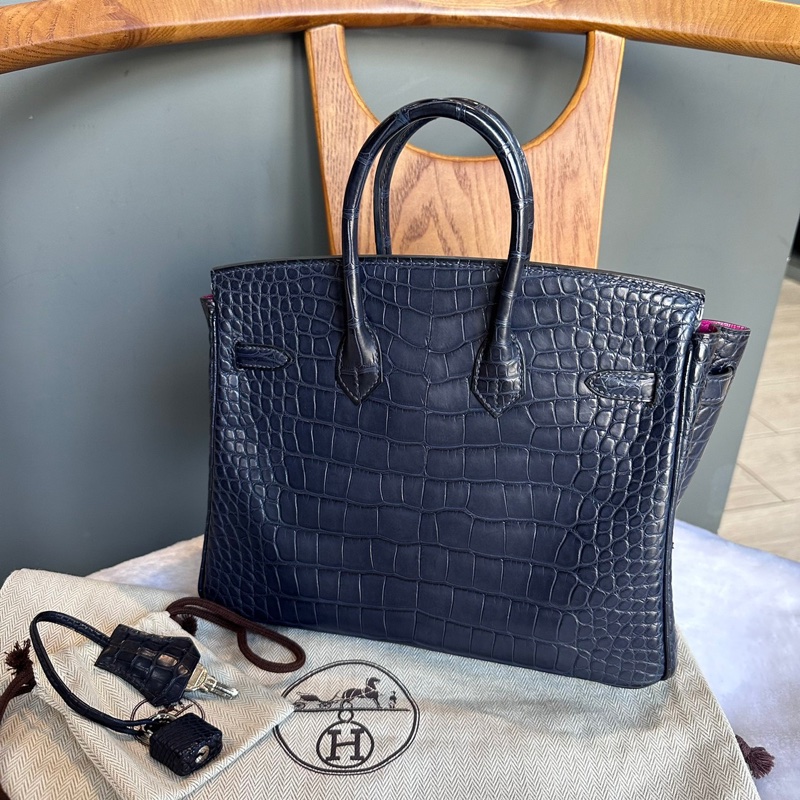 Hermes Birkin 25cm 銀釦鱷魚皮內拼色手提包(深藍色/天方夜譚紫)-4