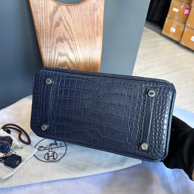 Hermes Birkin 25cm 銀釦鱷魚皮內拼色手提包(深藍色/天方夜譚紫)-5