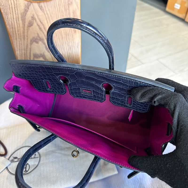 Hermes Birkin 25cm 銀釦鱷魚皮內拼色手提包(深藍色/天方夜譚紫)-6