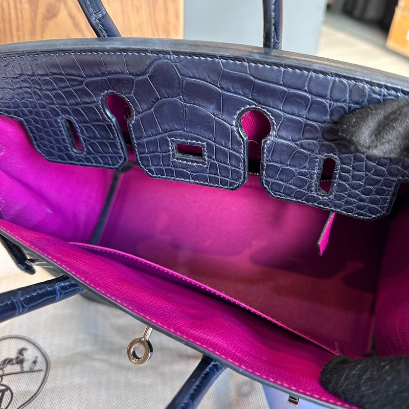 Hermes Birkin 25cm 銀釦鱷魚皮內拼色手提包(深藍色/天方夜譚紫)-7