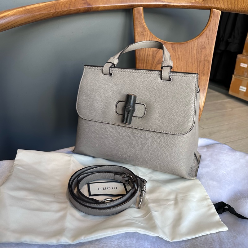Gucci Bamboo Daily 竹節釦手提斜背二用包（灰色）-0