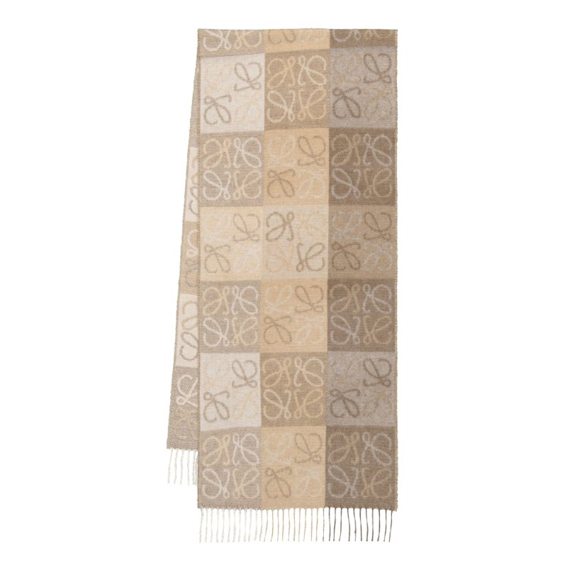 【LOEWE 羅威】Anagram 羊毛與羊絨混紡 圍巾 白/淺褐-0