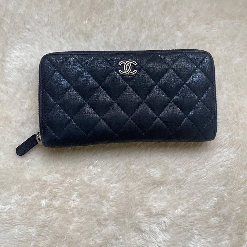 💙Chanel炫彩深藍牛皮 香奈兒拉鏈長夾 香奈兒皮夾-1
