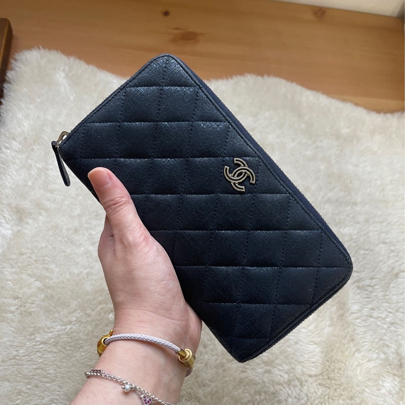 💙Chanel炫彩深藍牛皮 香奈兒拉鏈長夾 香奈兒皮夾-4