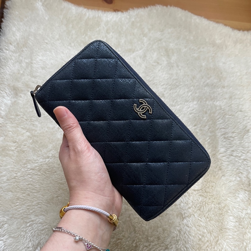 💙Chanel炫彩深藍牛皮 香奈兒拉鏈長夾 香奈兒皮夾-6