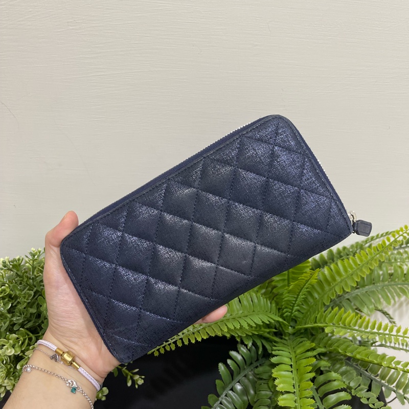 💙Chanel炫彩深藍牛皮 香奈兒拉鏈長夾 香奈兒皮夾-14