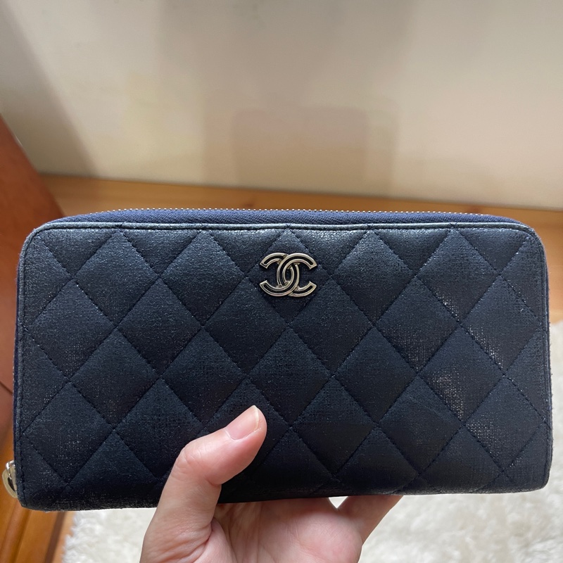 💙Chanel炫彩深藍牛皮 香奈兒拉鏈長夾 香奈兒皮夾-46