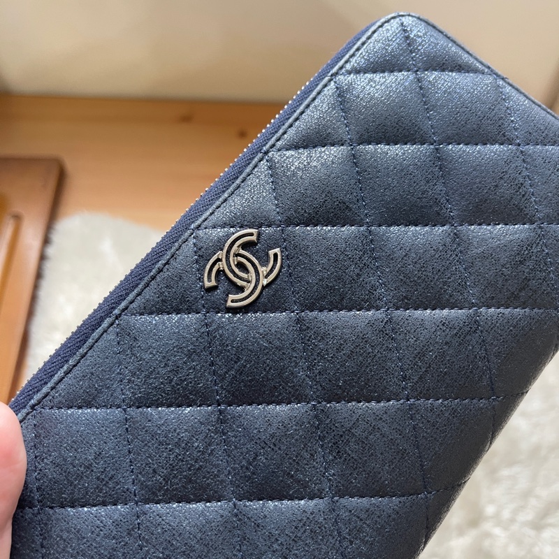 💙Chanel炫彩深藍牛皮 香奈兒拉鏈長夾 香奈兒皮夾-50