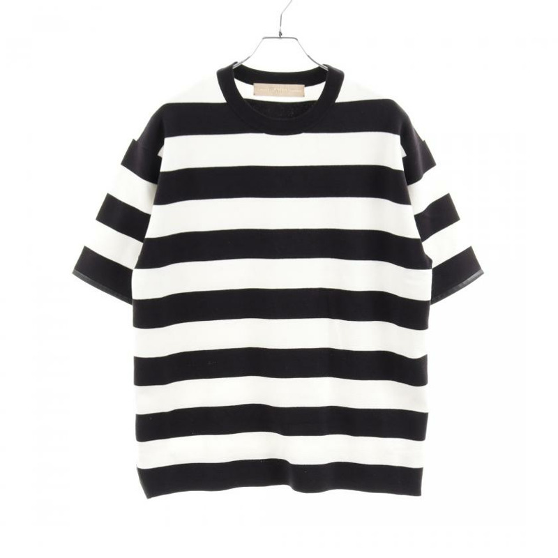 【日本直送】 ESTNATION 埃斯塔尼 有條紋的 針織 T恤 全體人員 脖子 黑色的 白色的-0