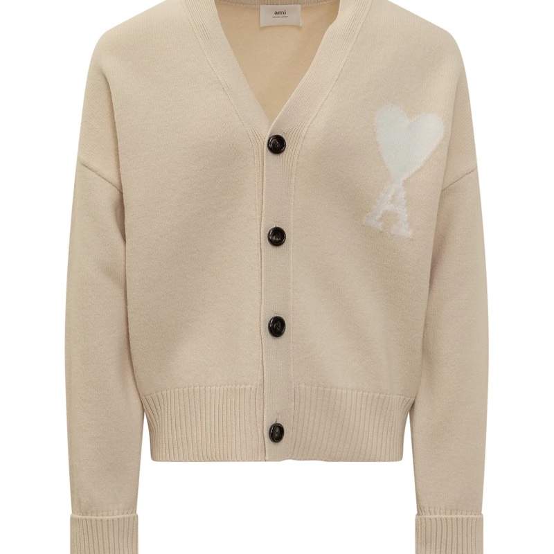 全新法國AMI Paris米色白色大愛心V領針織開襟衫-5