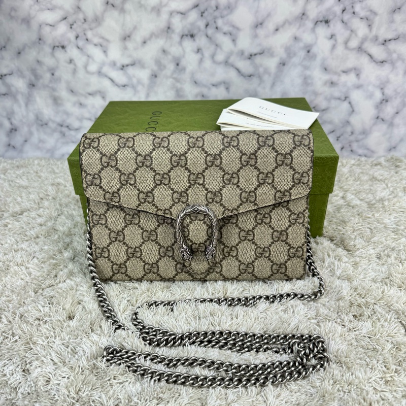 GUCCI Dionysus GG Supreme 酒神包 鍊帶晚宴包 手拿包WOC (卡其色)-0