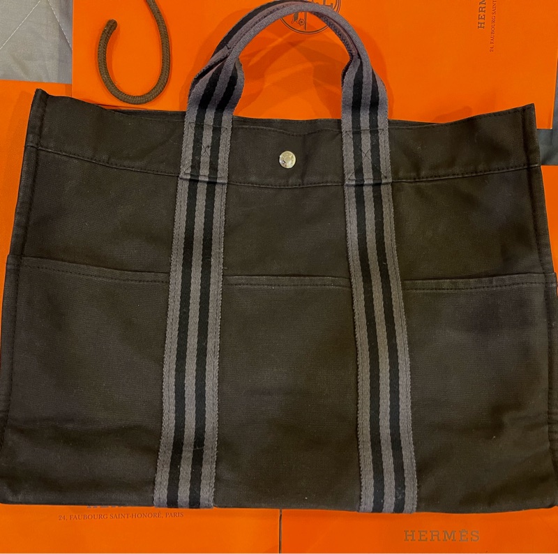 現貨2手愛馬仕Hermes 大號帆布包(黑色底)-10