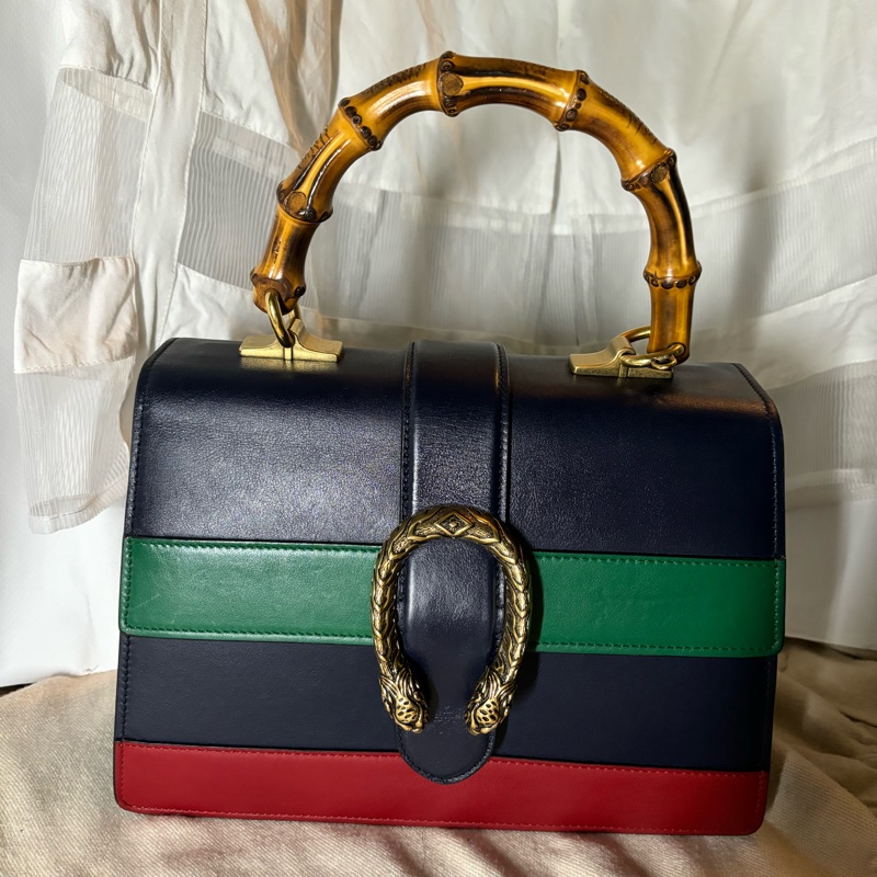 Gucci酒神竹節拼色手提肩背包-4