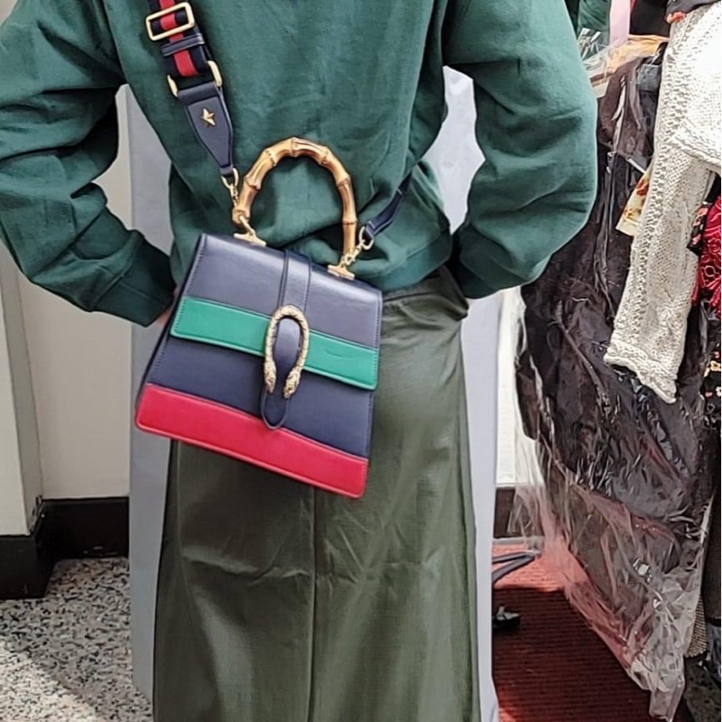 Gucci酒神竹節拼色手提肩背包-6