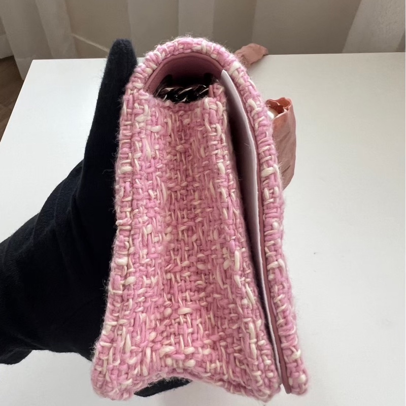 Miu Miu 粉色毛呢翻蓋珍珠鏈條包-2