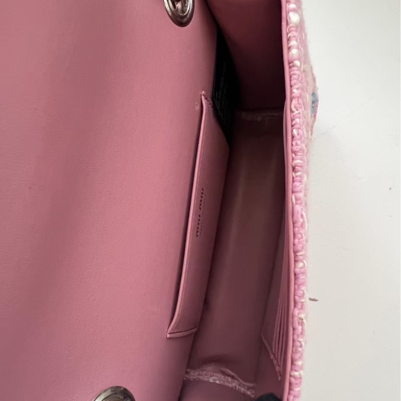 Miu Miu 粉色毛呢翻蓋珍珠鏈條包-4