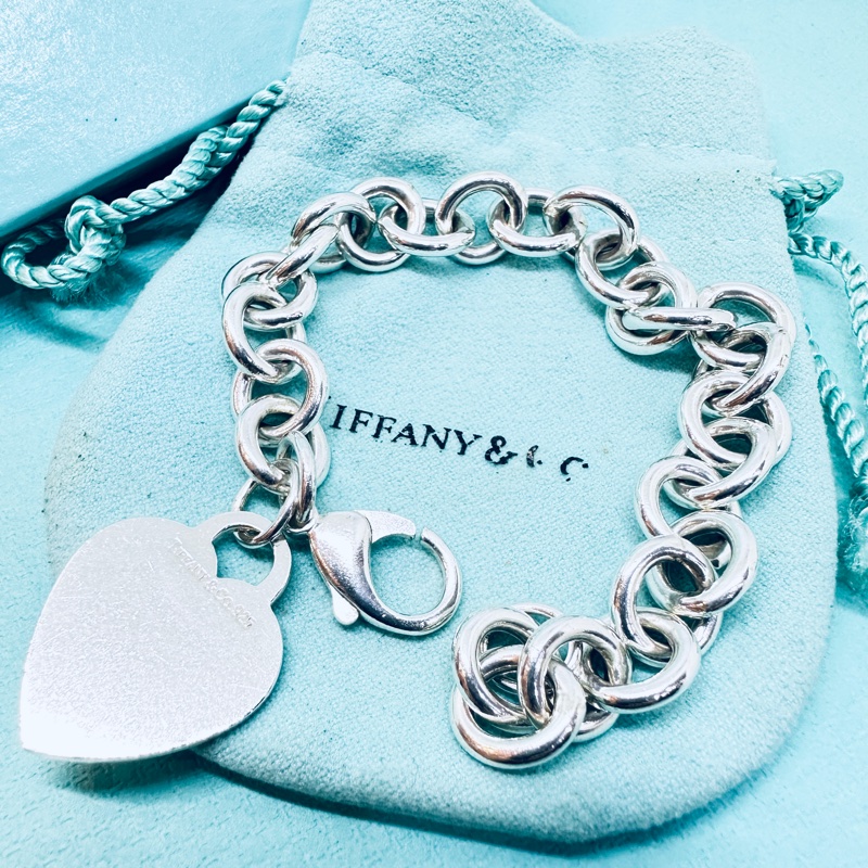 Tiffany&Co純銀愛心牌刻字粗鍊手鍊-1