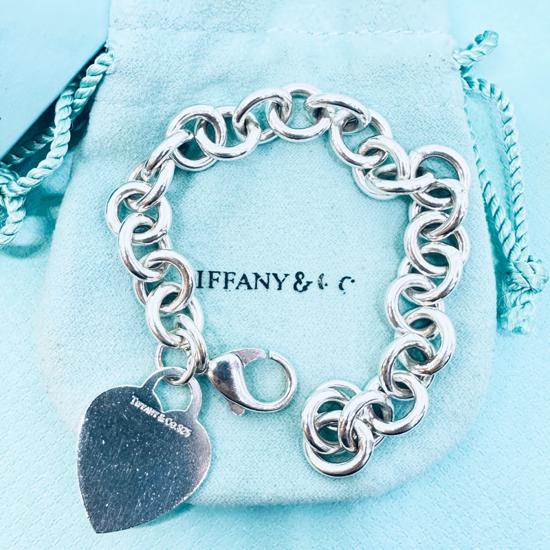 Tiffany&Co純銀愛心牌刻字粗鍊手鍊-2