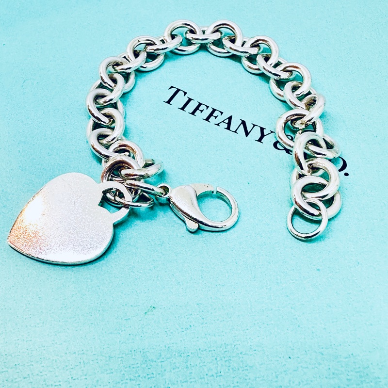 Tiffany&Co純銀愛心牌刻字粗鍊手鍊-4