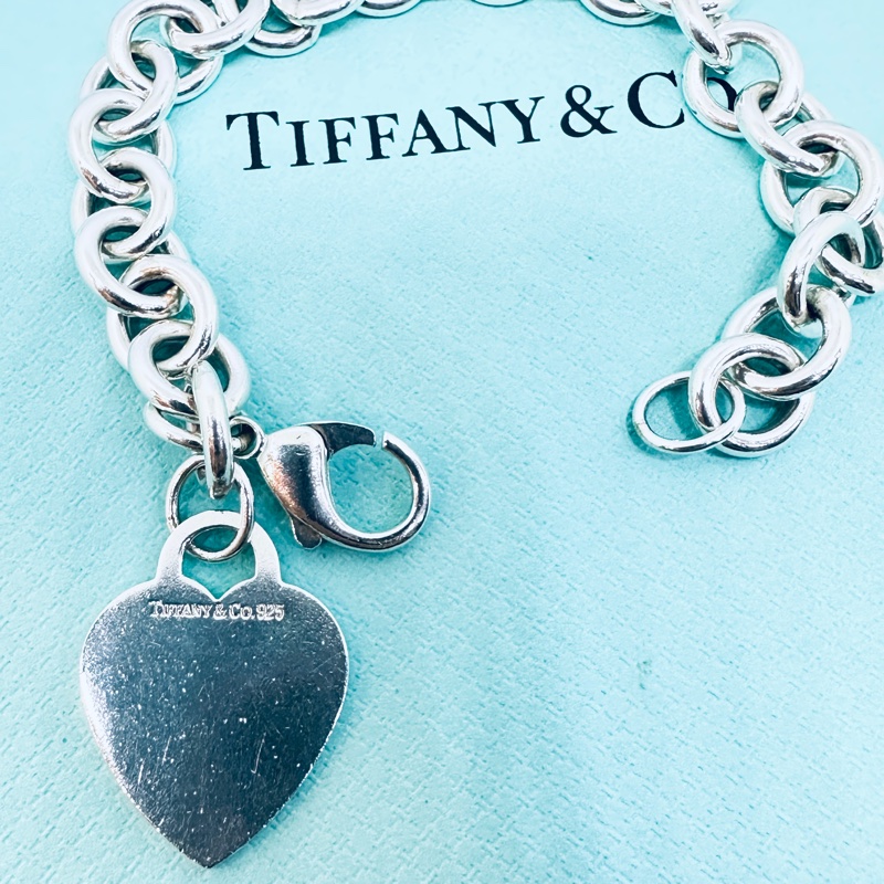 Tiffany&Co純銀愛心牌刻字粗鍊手鍊-5