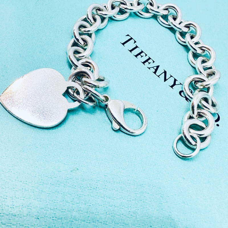 Tiffany&Co純銀愛心牌刻字粗鍊手鍊-10