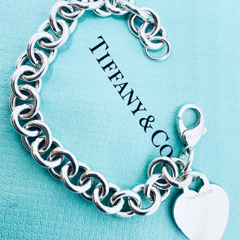 Tiffany&Co純銀愛心牌刻字粗鍊手鍊-12