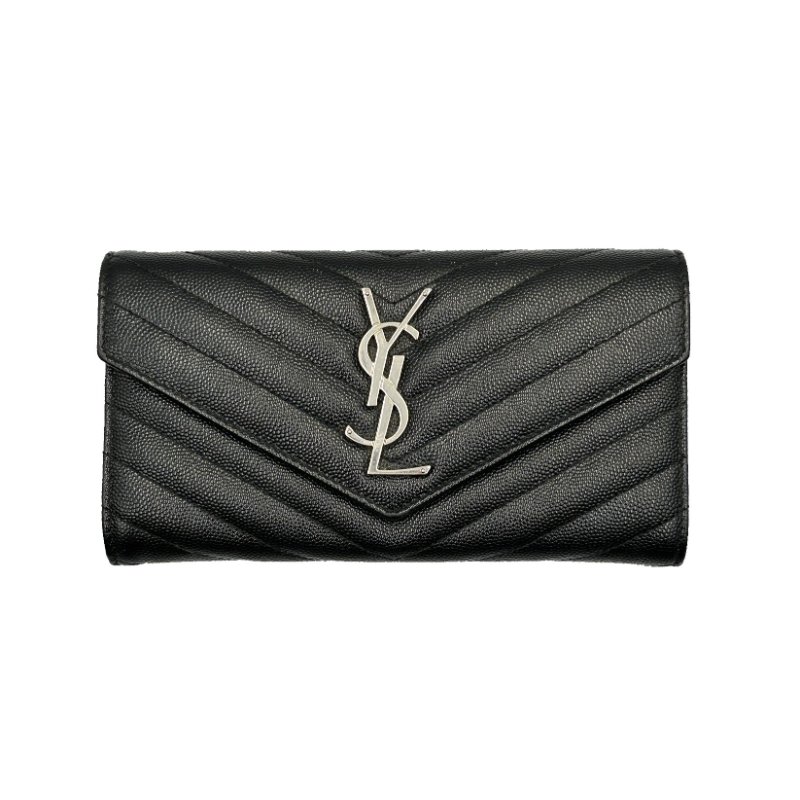 YSL Monogram V紋荔枝牛皮長夾 - 黑銀-0