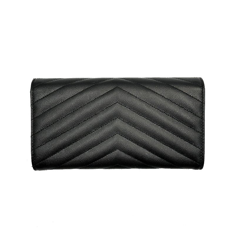 YSL Monogram V紋荔枝牛皮長夾 - 黑銀-1