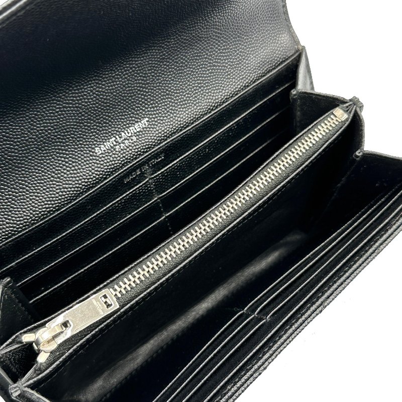 YSL Monogram V紋荔枝牛皮長夾 - 黑銀-2