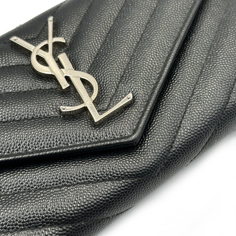 YSL Monogram V紋荔枝牛皮長夾 - 黑銀-4
