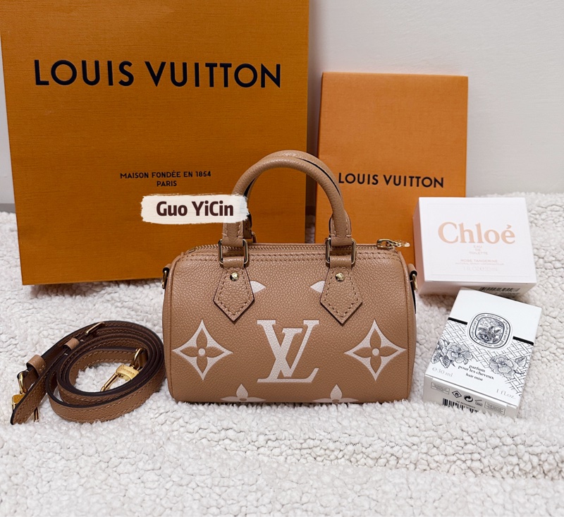 (售出別私訊囉)稀有釋出!全配!LV nano speedy 限定奶茶色晶片款-0