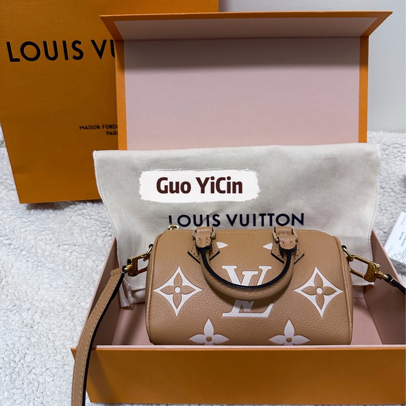 (售出別私訊囉)稀有釋出!全配!LV nano speedy 限定奶茶色晶片款-1