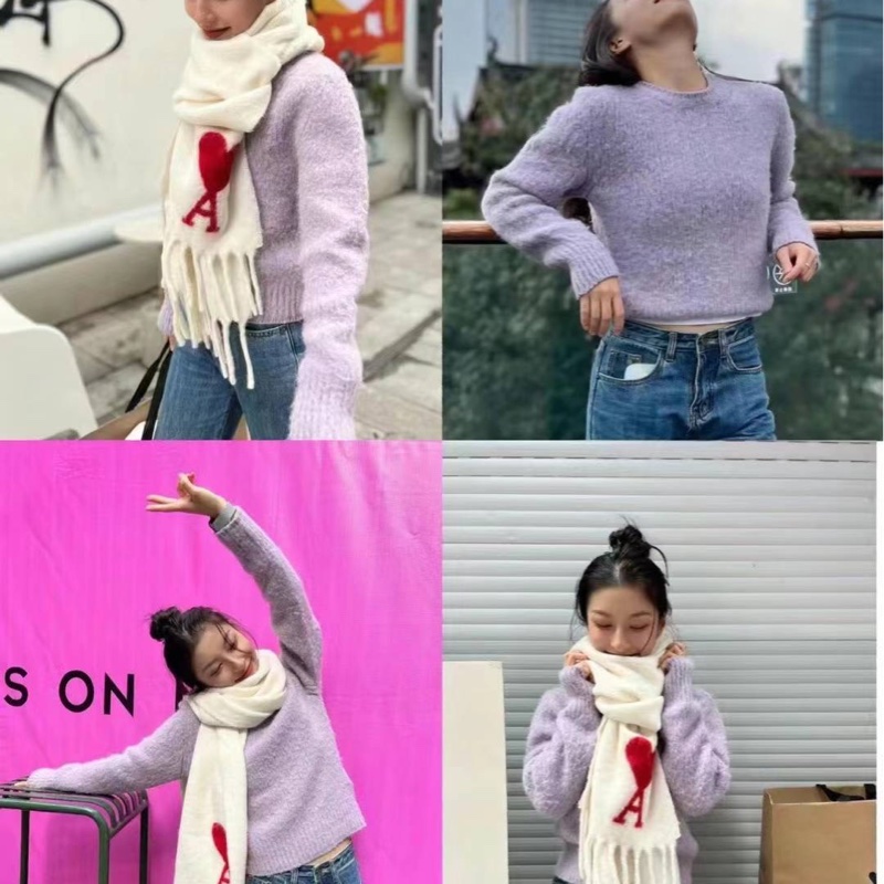 全新大全配有購證✨AMI PARIS 經典 LOGO 羊駝毛混紡流蘇大愛心紅心A❤️毛毛圍巾 披巾-8