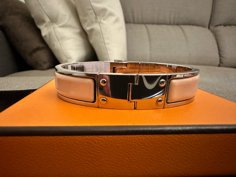 【Hermès】降價⬇️HERMES愛馬仕 窄版琺瑯手環/粉銀 絕版款-4