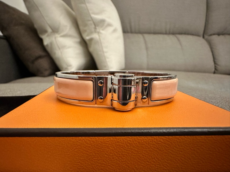 【Hermès】降價⬇️HERMES愛馬仕 窄版琺瑯手環/粉銀 絕版款-6