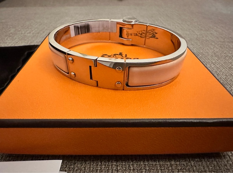 【Hermès】降價⬇️HERMES愛馬仕 窄版琺瑯手環/粉銀 絕版款-8