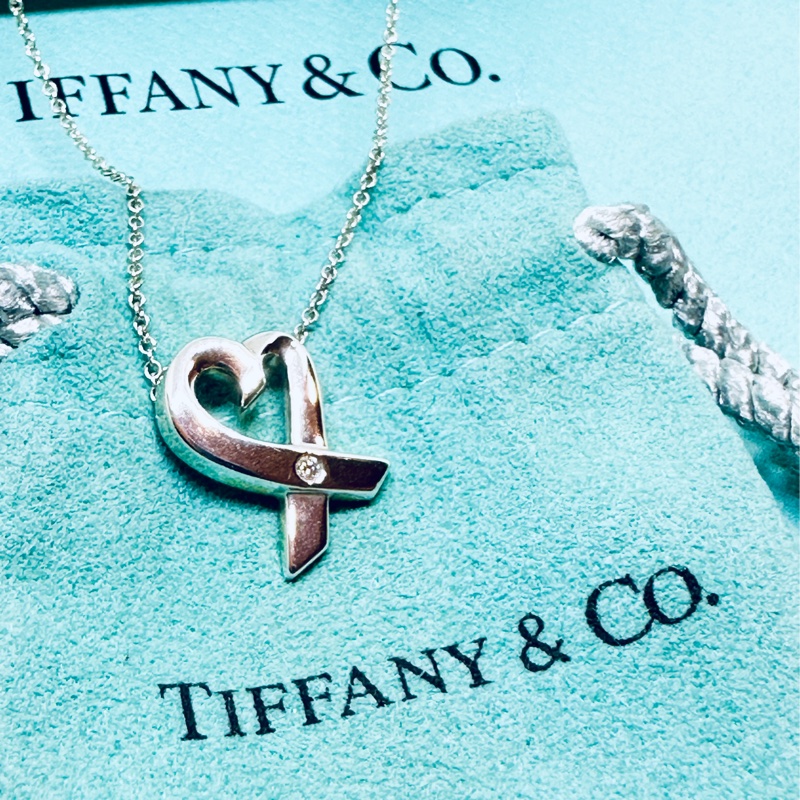 TIFFANY&Co 鑲真鑽愛心緞帶純銀項鍊-2