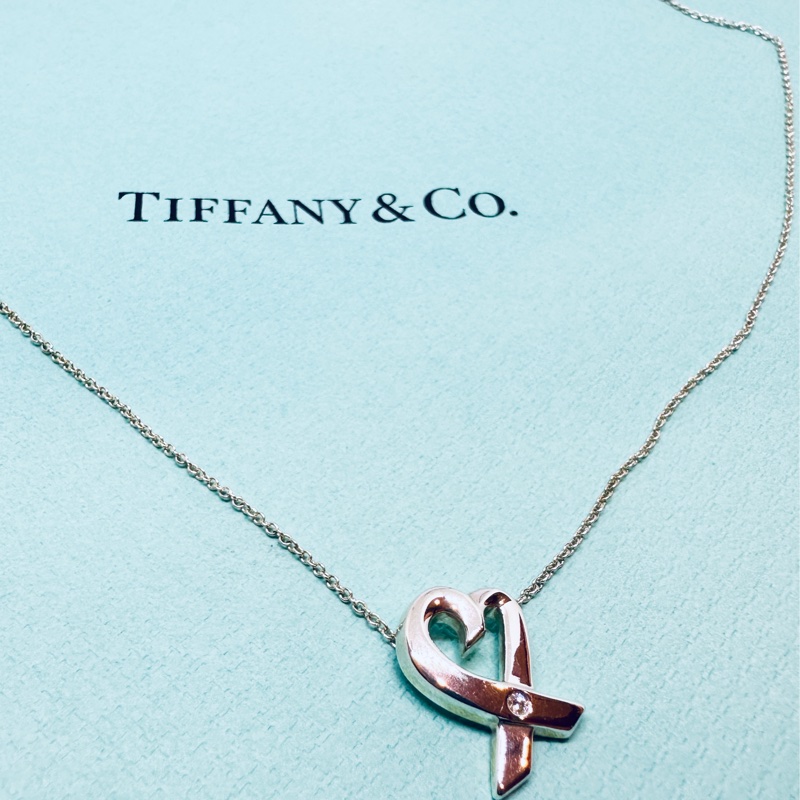 TIFFANY&Co 鑲真鑽愛心緞帶純銀項鍊-3