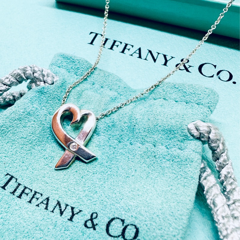 TIFFANY&Co 鑲真鑽愛心緞帶純銀項鍊-5