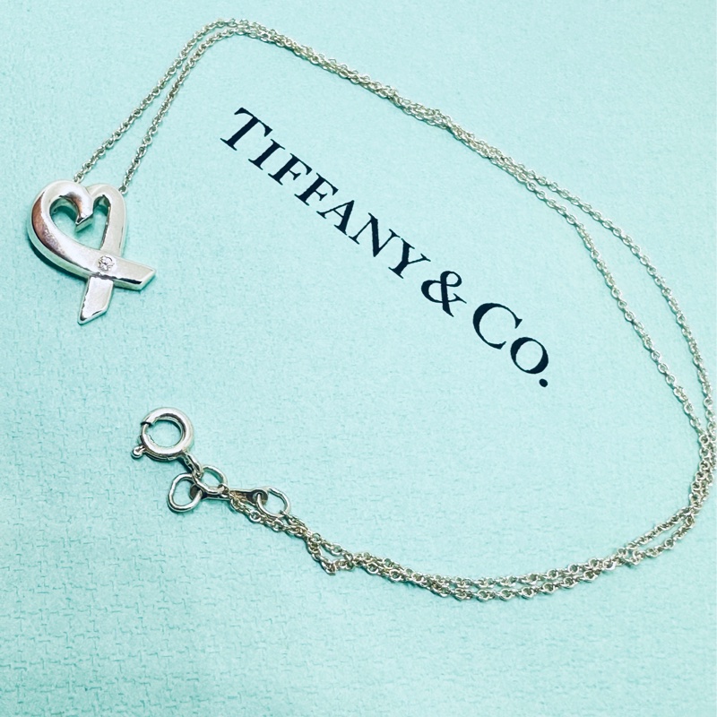 TIFFANY&Co 鑲真鑽愛心緞帶純銀項鍊-10