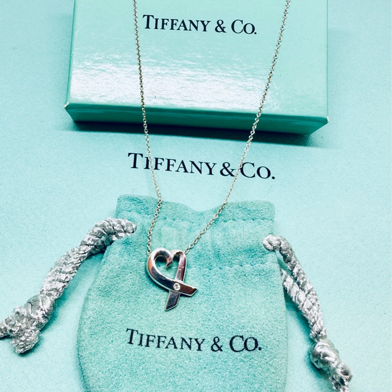 TIFFANY&Co 鑲真鑽愛心緞帶純銀項鍊-14