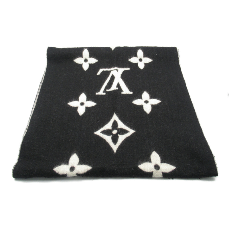 【日本直送】LOUIS VUITTON 交織字母圍巾 402338 羊絨黑色 二手男女通用-1